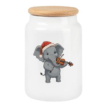 Christmas Elephant Animal Playing Violin - Cookie Jar with Wooden Lid - white - Front