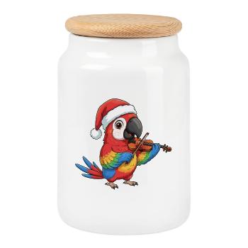 Christmas Parrot Bird Playing Violin Art - Cookie Jar with Wooden Lid - white - Front