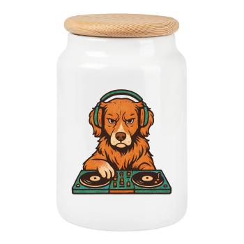 DJ Great Retriever dans le style rétro vinyle - Boîte à biscuits avec couvercle en bois - blanc - Devant