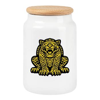 Aztec Jaguar Totem – Mesoamerican Warrior Beast Sy - Cookie Jar with Wooden Lid - white - Front
