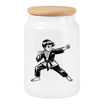 Karaté gamin garçon - Boîte à biscuits avec couvercle en bois - blanc - Devant