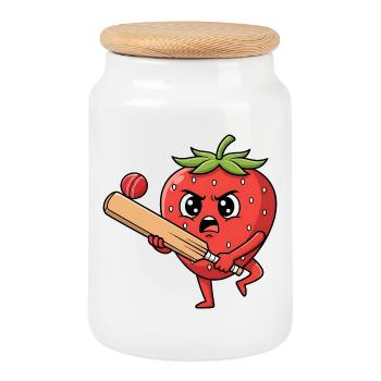 Dessin animé de Strawberry en colère jouant au cricket - Boîte à biscuits avec couvercle en bois - blanc - Devant