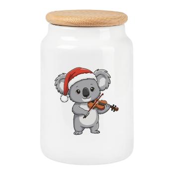 Christmas Koala Bear Playing Violin Art - Cookie Jar with Wooden Lid - white - Front