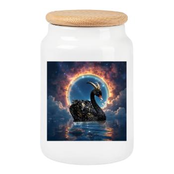 Cygne noir stellaire orné d’ornements dorés - Boîte à biscuits avec couvercle en bois - blanc - Devant