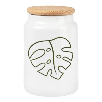 Monstera Line Art Leaf - Cookie Jar with Wooden Lid - white - Front