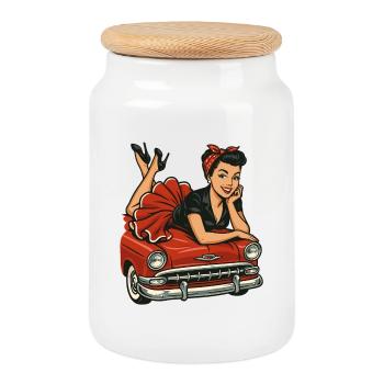 Pin-Up Woman on Vintage Car: Rockabilly Retro Look - Cookie Jar with Wooden Lid - white - Front