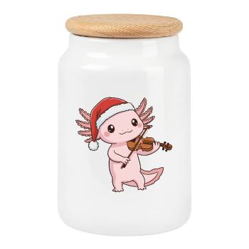 Christmas Axolotl Fish Playing Violin Art - Cookie Jar with Wooden Lid - white - Front