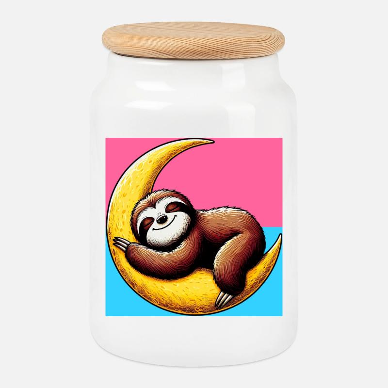 Sloth sleeps on the Moon - Cookie Jar with Wooden Lid - white