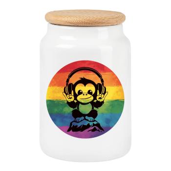 Rainbow DJ Monkey – Headphones Rock Hand Sign - Cookie Jar with Wooden Lid - white - Front