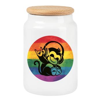 Singe arc-en-ciel – Signe de la main Rock dans les écouteurs - Boîte à biscuits avec couvercle en bois - blanc - Devant