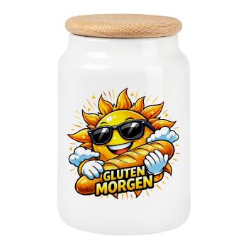 Sun with Bread - Gluten Morning! - Cookie Jar with Wooden Lid - white - Front