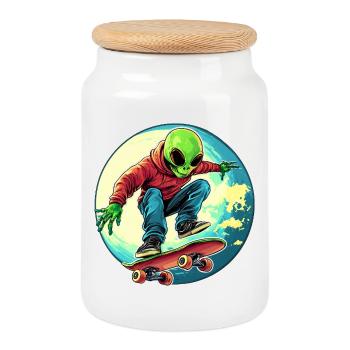 Skateur Alien / Skateur - Boîte à biscuits avec couvercle en bois - blanc - Devant