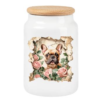Bouledogue français - Boîte à biscuits avec couvercle en bois - blanc - Devant