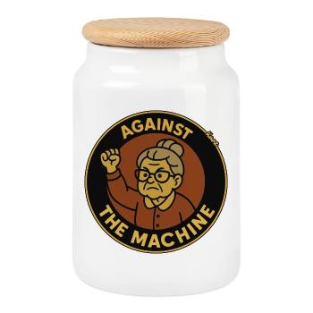 Gegen die Maschine – Oma Protest - Keksdose mit Holzdeckel - Weiß - Vorne