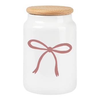 Rosy Ribbon Bow Print - Cookie Jar with Wooden Lid - white - Front