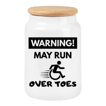Watch out! Wheelchair user rolls over toes # - Cookie Jar with Wooden Lid - white - Front