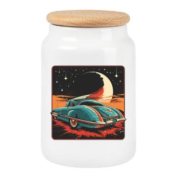 Voiture rétro futuriste bleue lors d’une nuit stylisée - Boîte à biscuits avec couvercle en bois - blanc - Devant