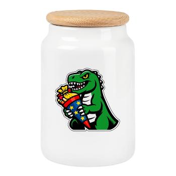 Dino Schultüte Schultasche Dinosaurier Einschulung - Keksdose mit Holzdeckel - Weiß - Vorne