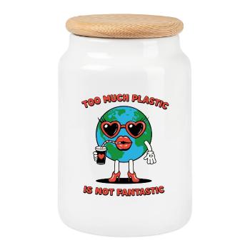 Plastic Is Not Fantastic Ironischer Umwelt Spruch - Keksdose mit Holzdeckel - Weiß - Vorne