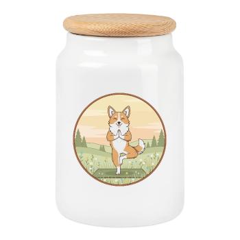 Yoga Corgi Dog réalisant des postures d’arbre - Boîte à biscuits avec couvercle en bois - blanc - Devant