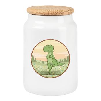 Yoga T-Rex Dinosaur Doing Tree Pose - Cookie Jar with Wooden Lid - white - Front