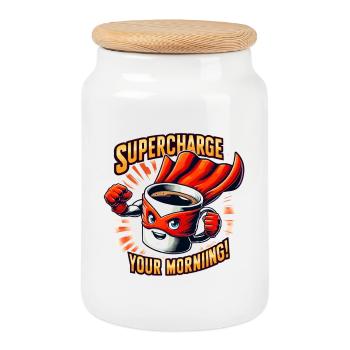 Supercharge ton héros du café du matin - Boîte à biscuits avec couvercle en bois - blanc - Devant