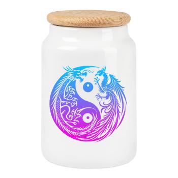 Yin Yang Dragon and Phoenix Neon - Cookie Jar with Wooden Lid - white - Front
