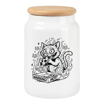 Flaming Cat in a Warning Box Pizza - Cookie Jar with Wooden Lid - white - Front