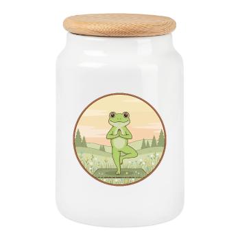 Grenouille de yoga Amphibien faisant la posture de l’arbre - Boîte à biscuits avec couvercle en bois - blanc - Devant