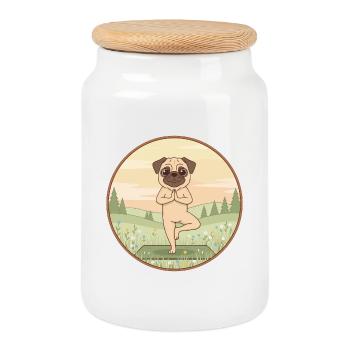 Yoga-Mopshund macht Baumposen-Kunst - Keksdose mit Holzdeckel - Weiß - Vorne
