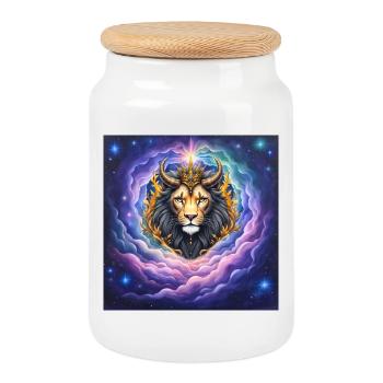 Celestial Lion with Golden Crown - Cookie Jar with Wooden Lid - white - Front