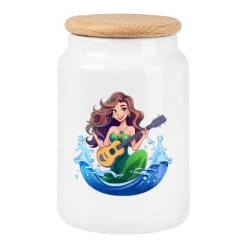 Mermaid with Guitar - Cookie Jar with Wooden Lid - white - Front