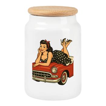 Rockabilly pin-up on vintage car in retro style - Cookie Jar with Wooden Lid - white - Front