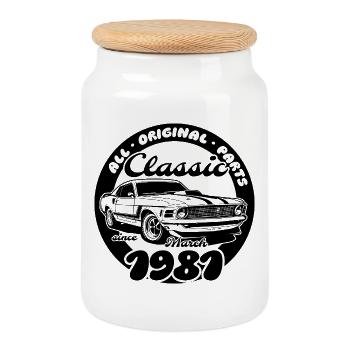 45. Geburtstag - Klassiker Musclecar 03/1981 - Keksdose mit Holzdeckel - Weiß - Vorne