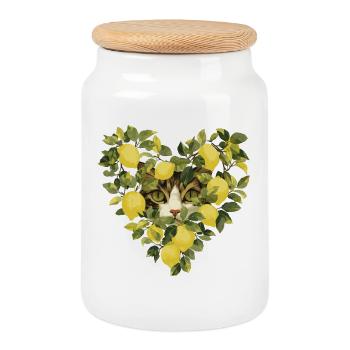 Chat se cache dans un cœur de citron - Boîte à biscuits avec couvercle en bois - blanc - Devant