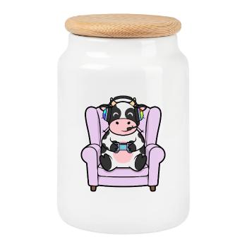 Gamer Cow Farm Animal Playing Video Games - Cookie Jar with Wooden Lid - white - Front