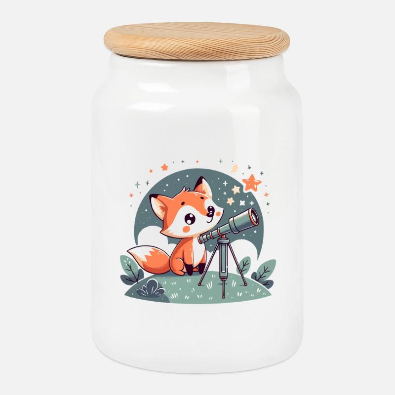 Fox au télescope sous les étoiles - Boîte à biscuits avec couvercle en bois - blanc