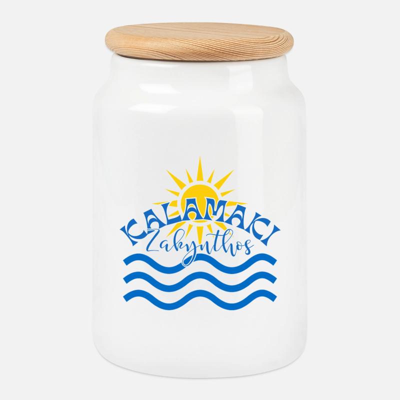 Kalamaki Zakynthos Sun & Waves - Cookie Jar with Wooden Lid - white