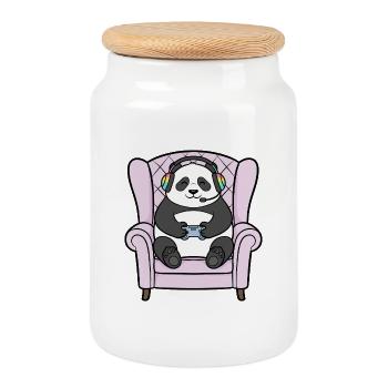 Gamer Panda Bear Playing Video Games Art - Cookie Jar with Wooden Lid - white - Front