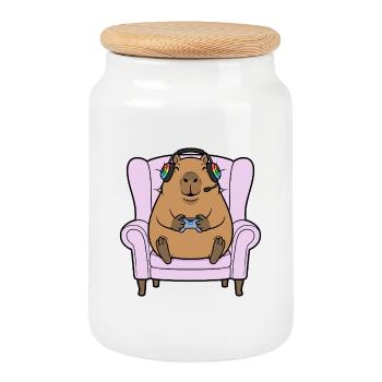 Gamer Capybara Rodent Playing Video Games - Cookie Jar with Wooden Lid - white - Front