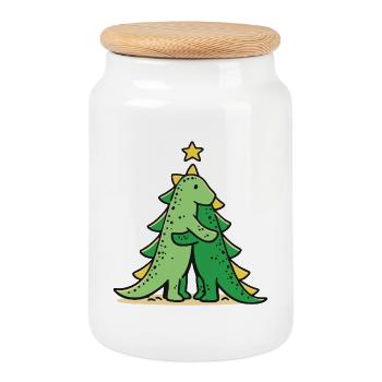 Kuscheldino unter dem Weihnachtsbaum - Keksdose mit Holzdeckel - Weiß - Vorne