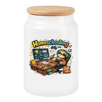 Homeschooling Sloth Gamer - Keksdose mit Holzdeckel - Weiß - Vorne