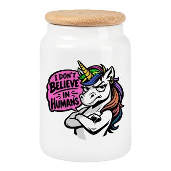 Funny Unicorn – I Don’t Believe in Humans - Keksdose mit Holzdeckel - Weiß - Vorne
