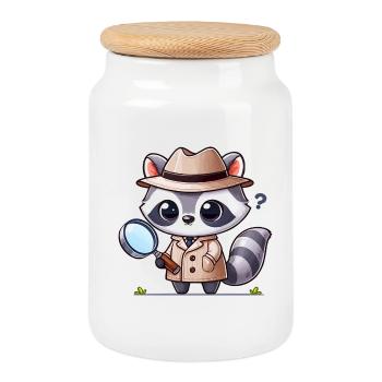 Raton laveur détective en trench-coat - Boîte à biscuits avec couvercle en bois - blanc - Devant