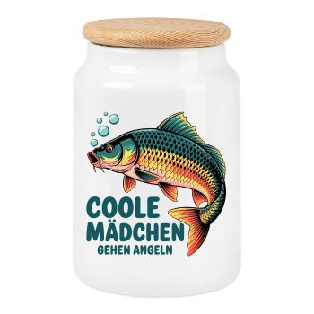Cool Girl Fishing Carp - Cookie Jar with Wooden Lid - white - Front