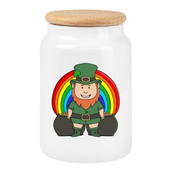 Lucky Leprechaun with Rainbow Pot of Gold - Cookie Jar with Wooden Lid - white - Front