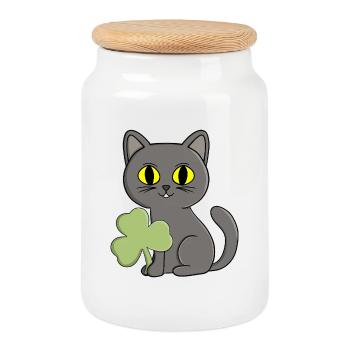 Grauer Katzen-Kleeblatt-Anhänger - Keksdose mit Holzdeckel - Weiß - Vorne
