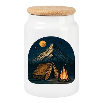 Mountain camping at night with fire - Cookie Jar with Wooden Lid - white - Front