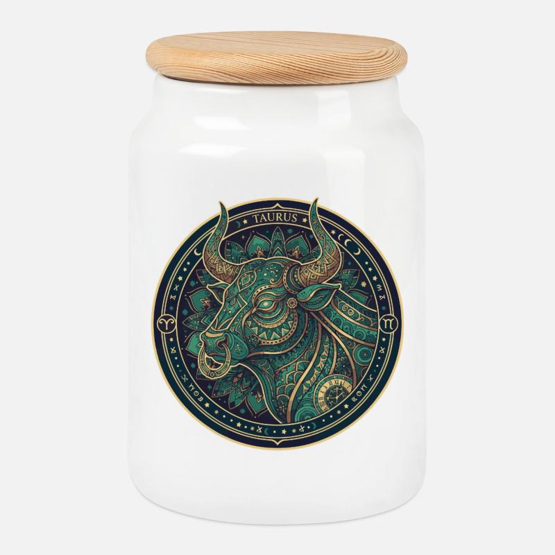 Stier Mandala Teal-Gold Kreis - Keksdose mit Holzdeckel - Weiß