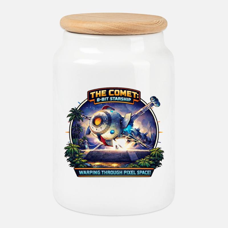 The Comet – 8-Bit Starship - Keksdose mit Holzdeckel - Weiß